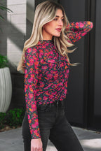 Slim Fit Floral Mesh Long Sleeve Mock Neck Top