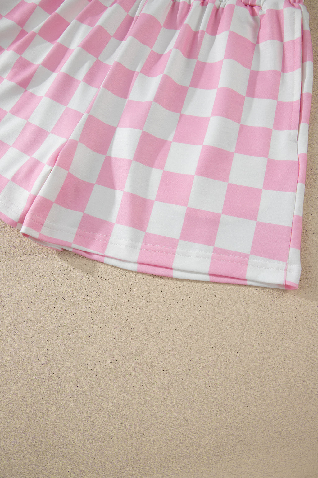 Checkered Print Colour Block Trim Mock Neck Short Set
