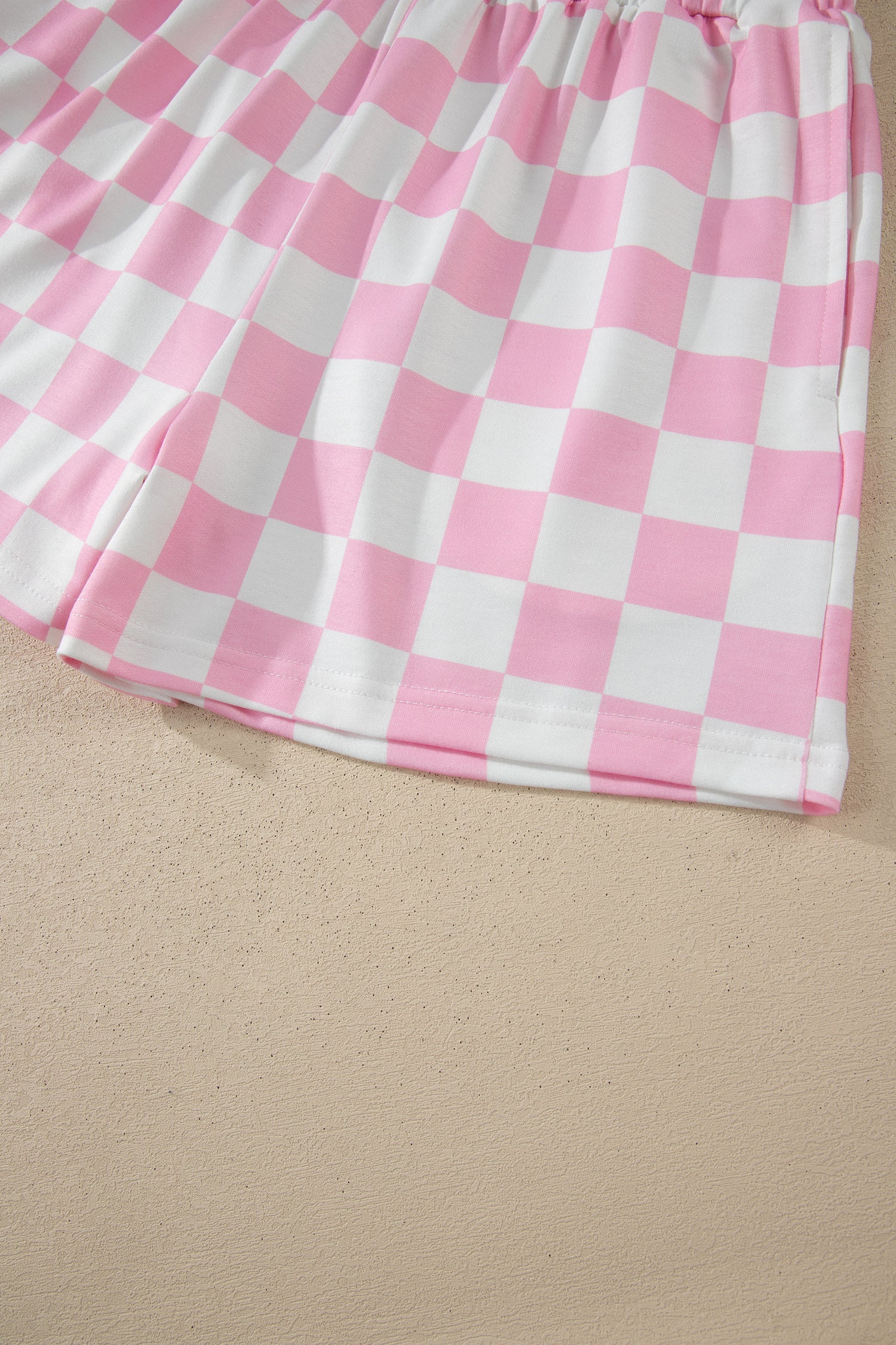 Checkered Print Colour Block Trim Mock Neck Short Set