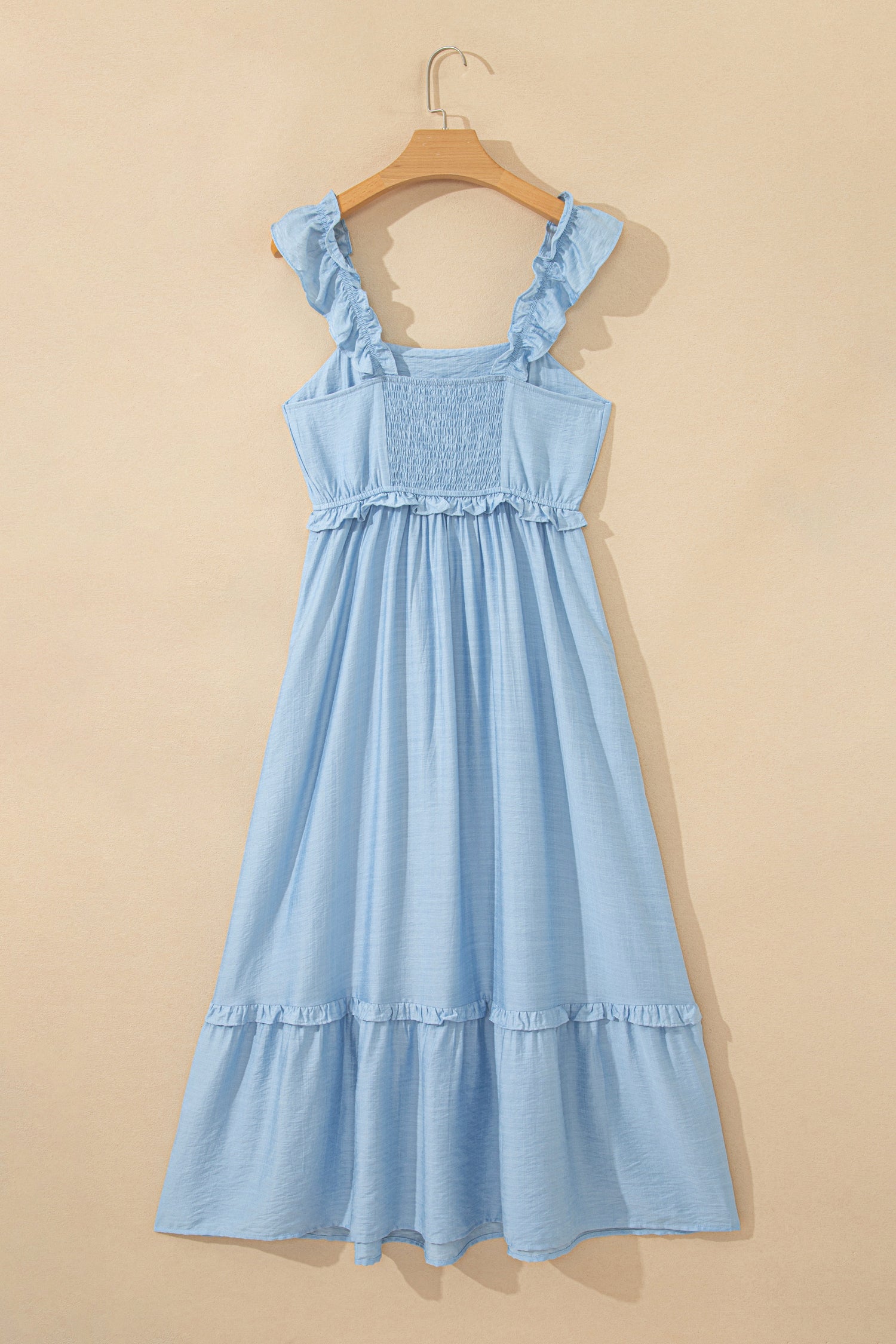 Beau Blue Solid Color Ruffle Trim High Waist Sleeveless Maxi Dress