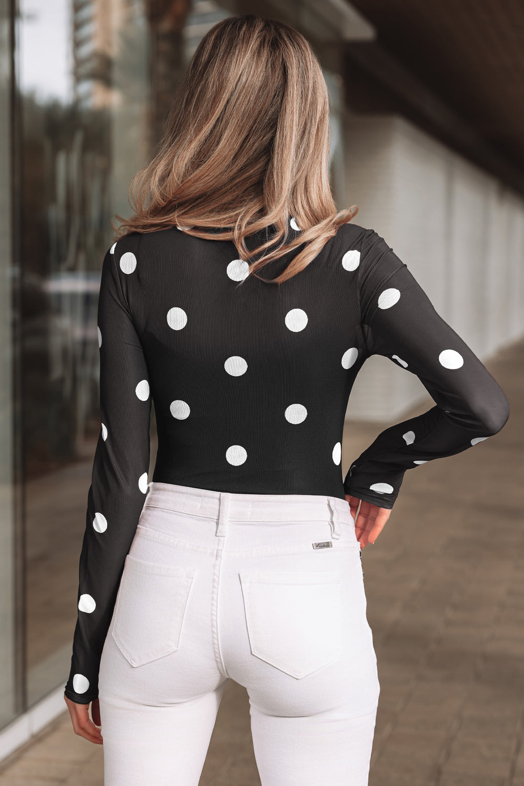 Vintage Polka Dot Print Mesh Long Sleeve Bodysuit