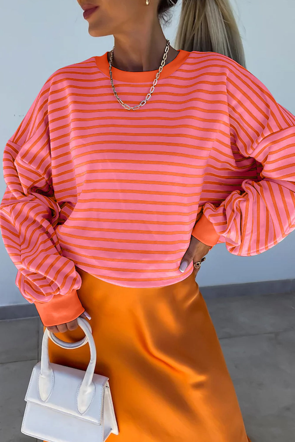 Striped Drop Shoulder Crew Neck Loose Sweatshirt