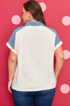 Beige Plus Size Contrast Denim Patchwork Cuffed Sleeve Polo Tee