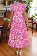 Floral Print Color Block Patchwork V Neck Short Sleeve Midi Dress