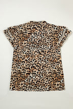 Khaki Plus Size Leopard Print Stitch Detail Ruffled Short Sleeve Blouse