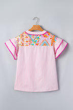 Rose Boho Mixed Print Contrast Trim Striped Patchwork Tiered Short Sleeve Blouse