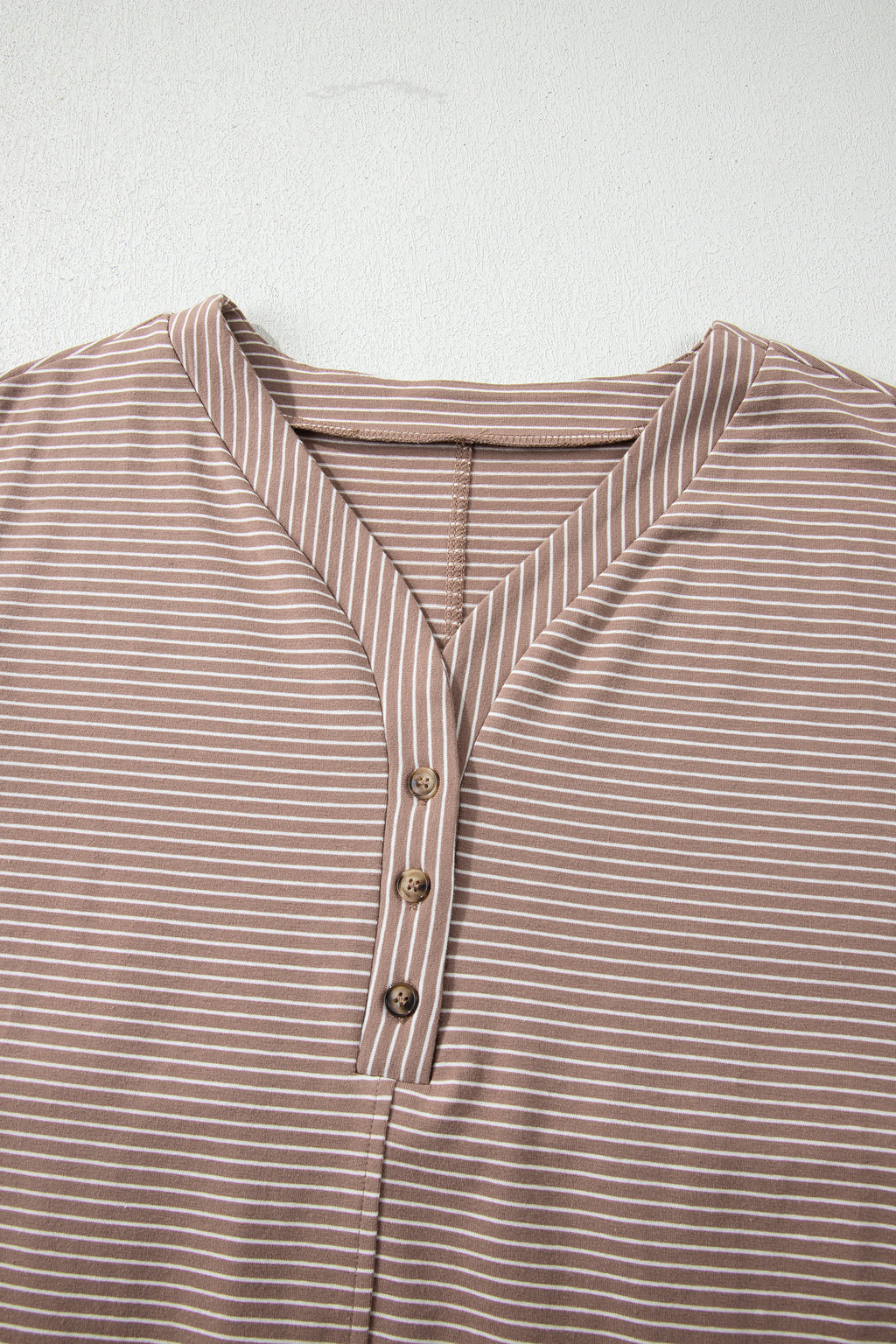 Khaki Stripe Buttoned V Neck High Low Side Slit T Shirt