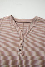 Khaki Stripe Buttoned V Neck High Low Side Slit T Shirt