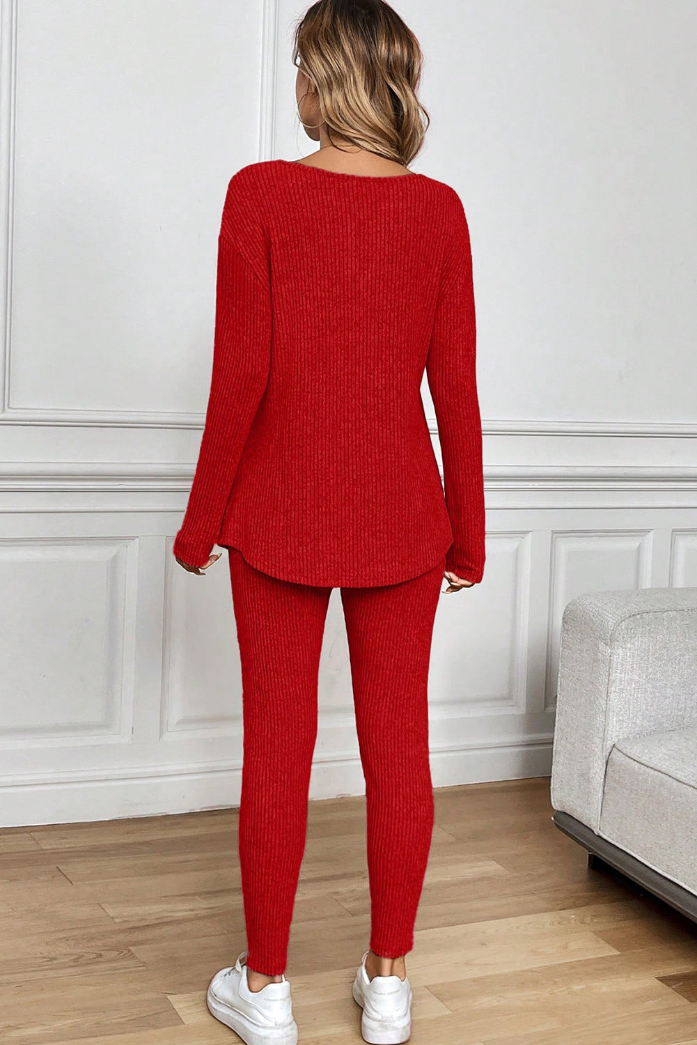 Ribbed Notched Neck Knit Long Sleeve Leggings Two Pieces Lounge Set