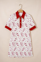 Red Geometric Floral Print Lace Trim Collared Short Sleeve Mini Dress
