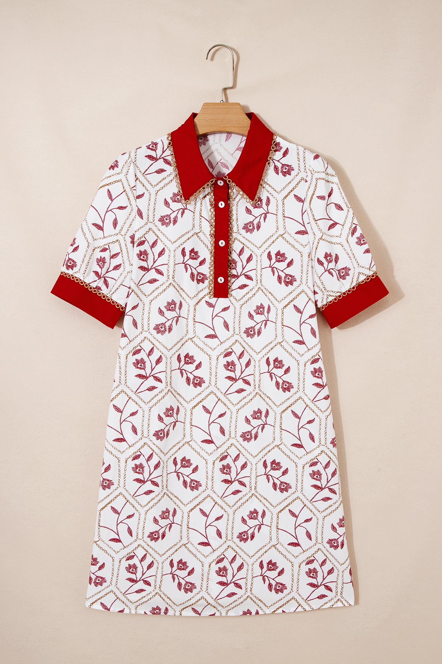 Red Geometric Floral Print Lace Trim Collared Short Sleeve Mini Dress