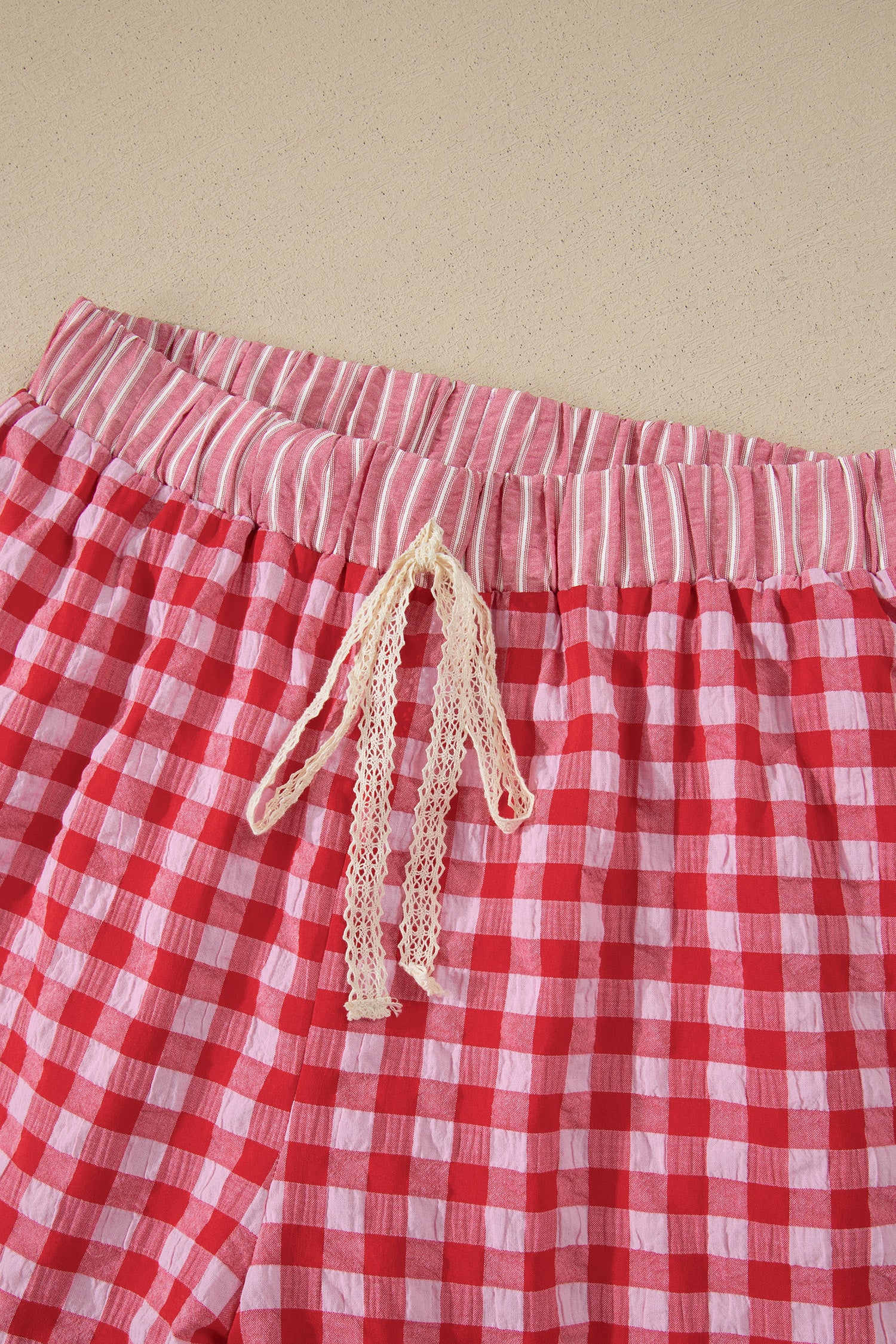 Gingham Print Ruffle Striped Detail Lace Tie Shorts