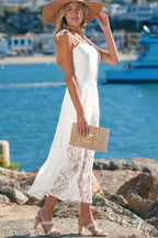White Tie Spaghetti Straps Floral Lace Overlay Long Dress