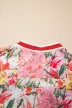Pink Color Block Floral Print Contrast Trim V Neck Ruffle Hem Mini Dress