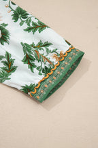 Green Plus Size Floral Printed Contrast Patchwork Detail Tassel Tie 3/4 Sleeve Blouse