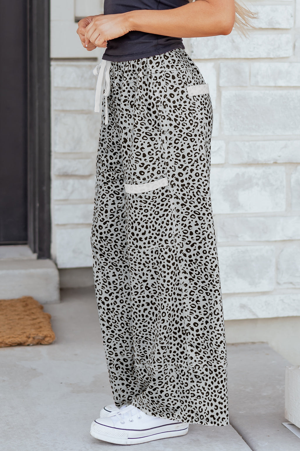 Grey Animal Print Wide Leg Terry Knit Pants