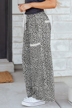 Grey Animal Print Wide Leg Terry Knit Pants