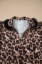 Brown Leopard Print Button Down Lace Trim Short Sleeve Shirt