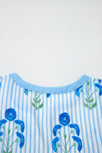 Sky Blue Floral Striped Print Tie Notched Neck Puff Sleeve Flared Mini Dress
