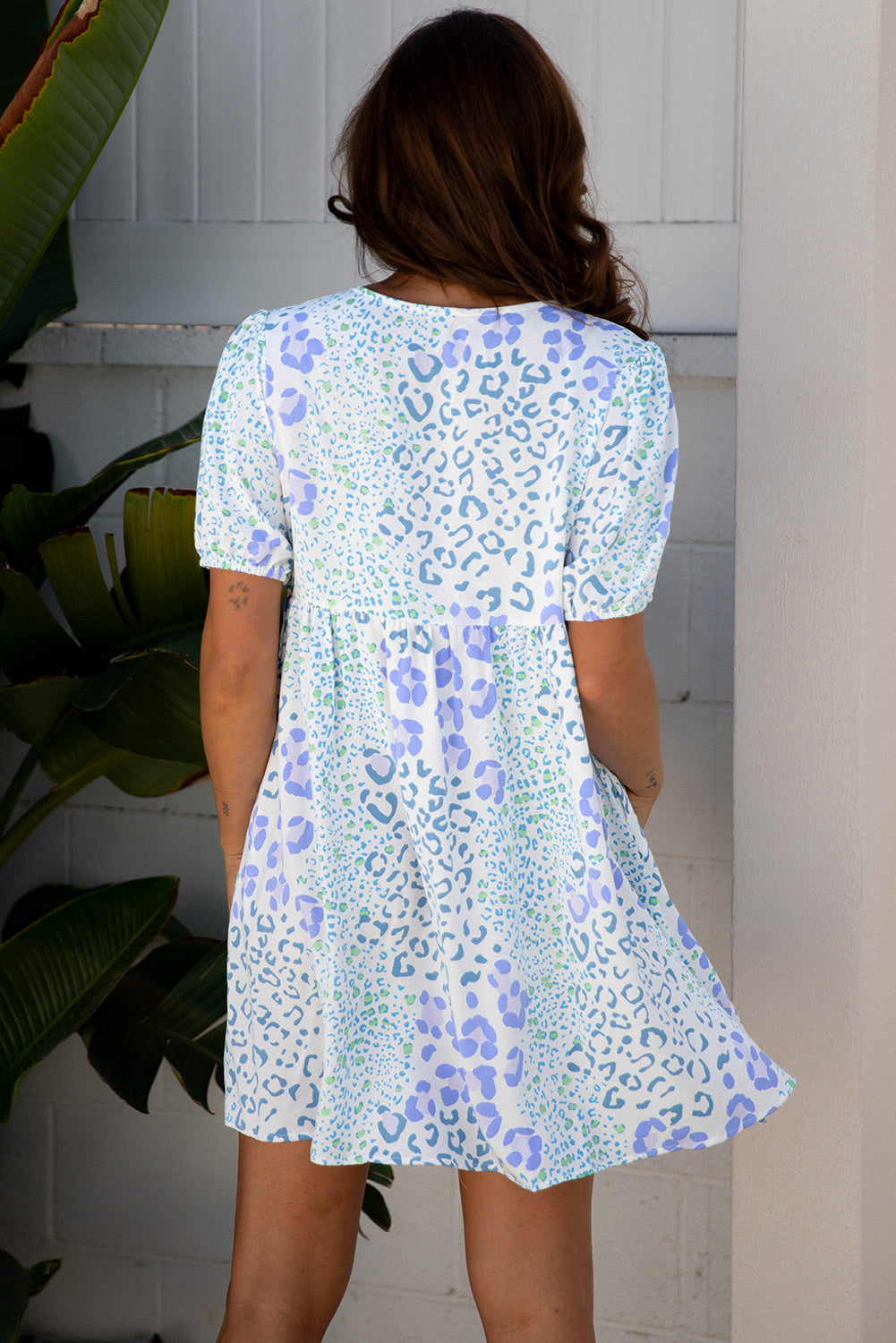 Blue Leopard Contrast Bow Puff Sleeve Mini Dress