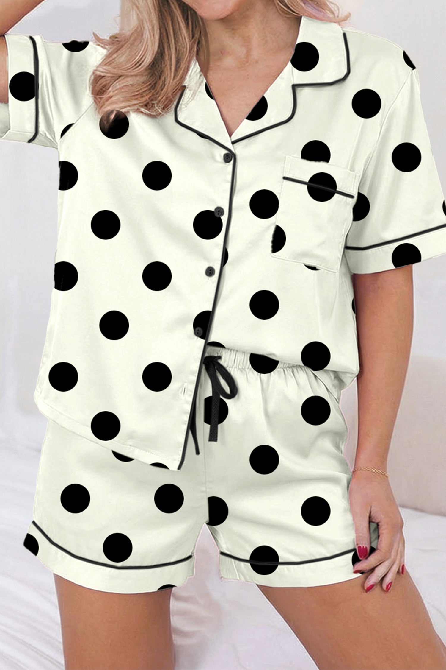 Camouflage Print Lapel Shirt Drawstring 2pcs Short Pyjama Set