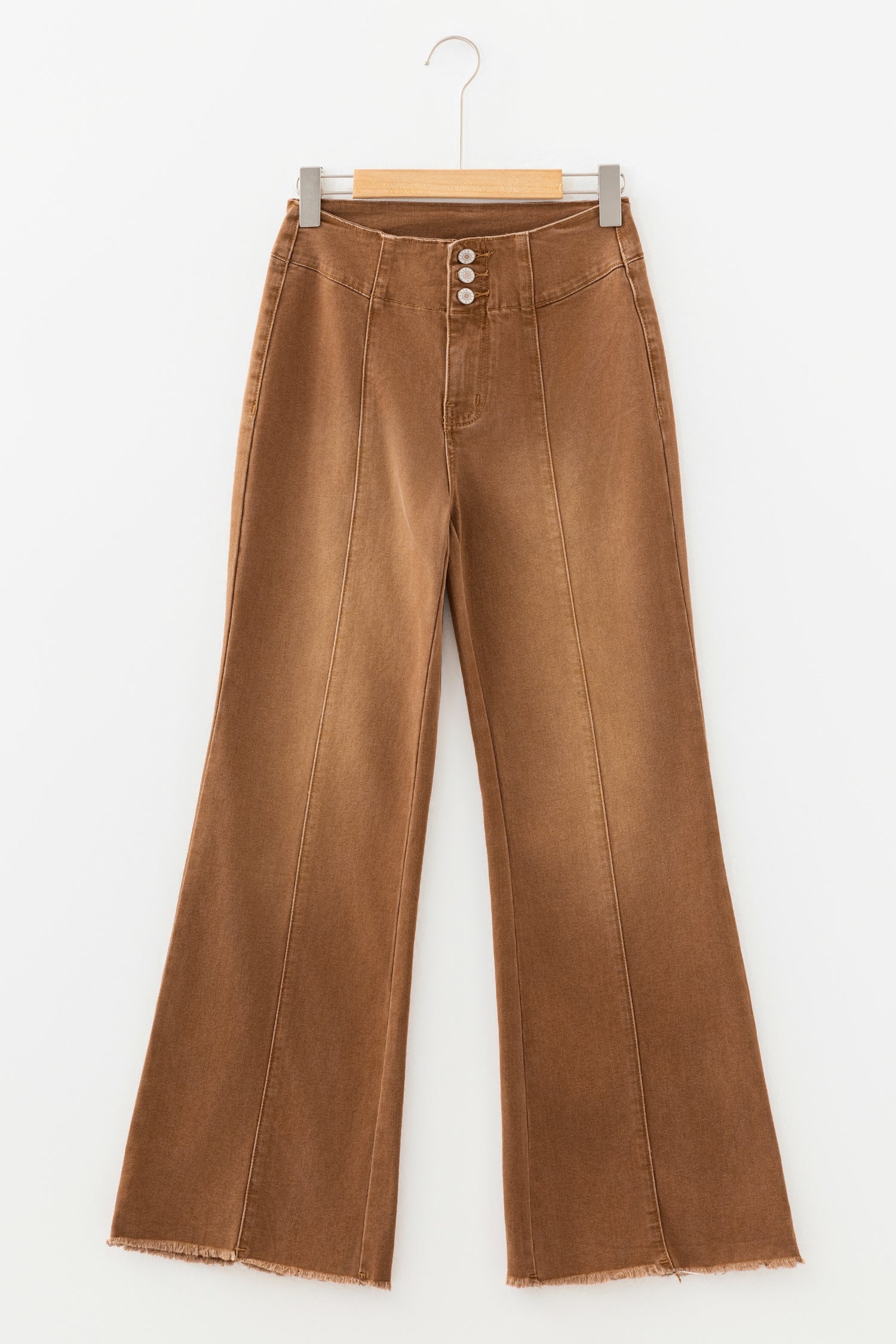High Waist Button Fly Seamed Raw Hem Flare Jeans