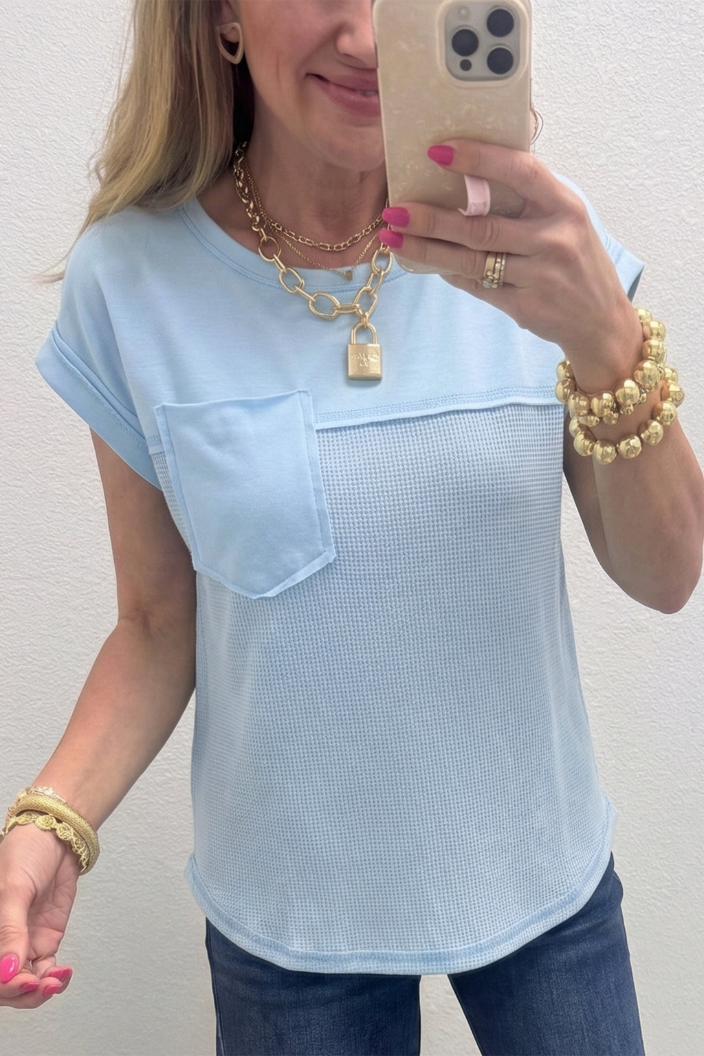 Solid Coluor Raw Seam Waffled Patchwork Casual T Shirt