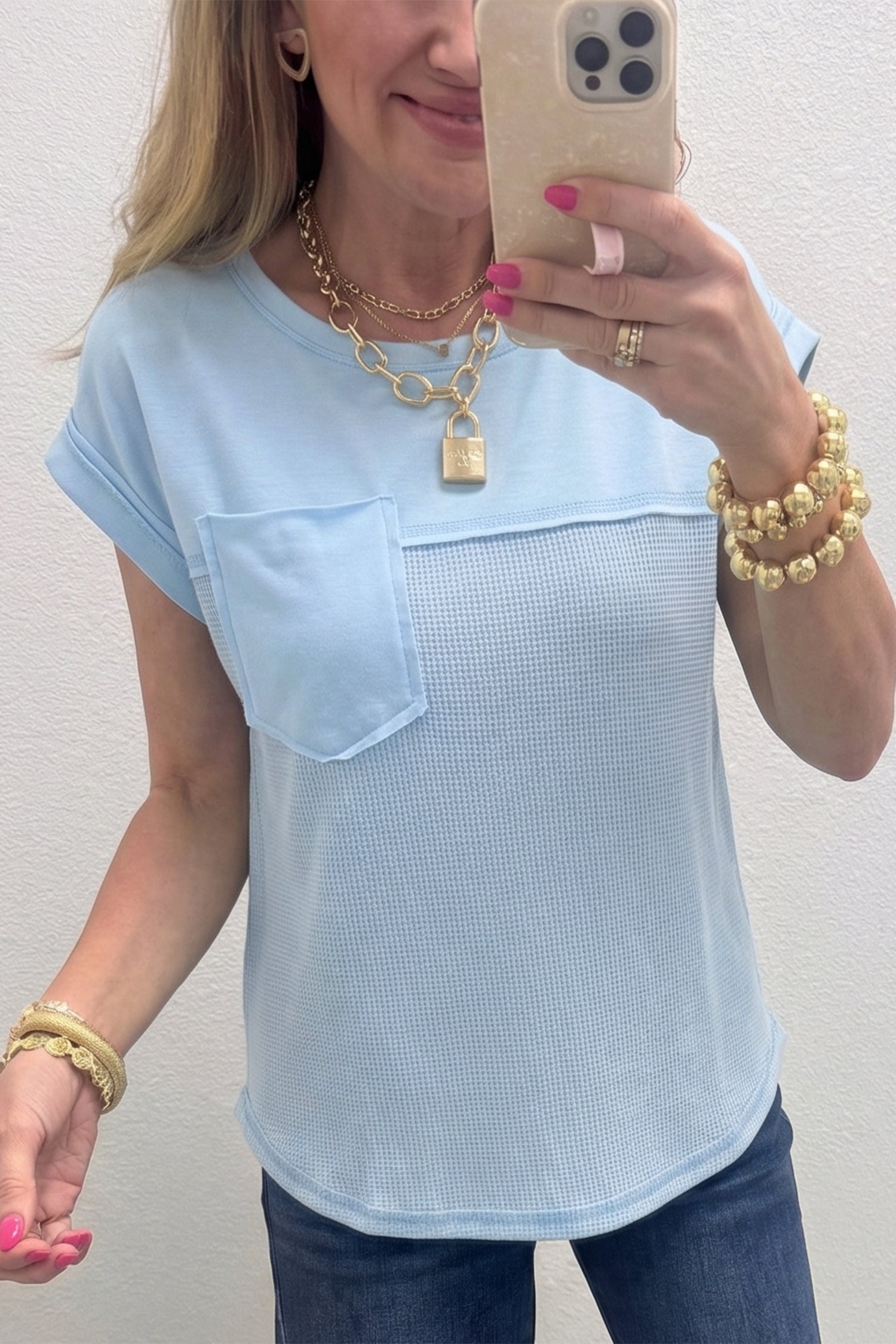 Solid Coluor Raw Seam Waffled Patchwork Casual T Shirt