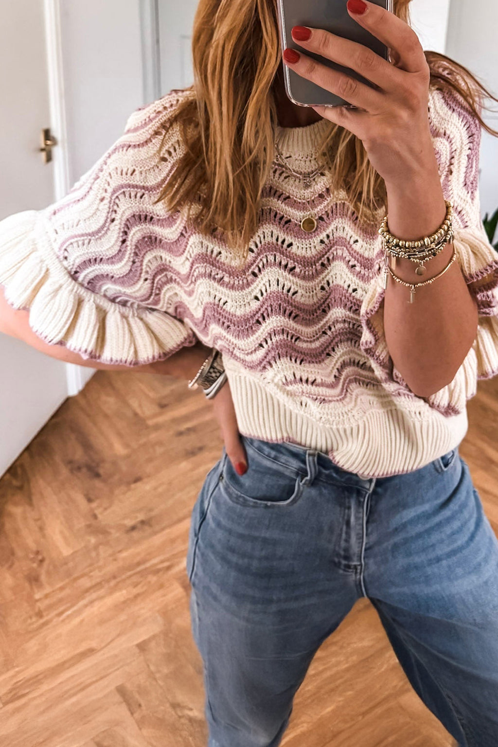 Striped Wavy Crochet Eyelet Detail Ruffle Half Sleeve Sweater
