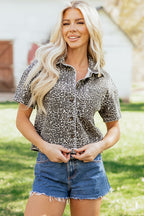 Grey Vintage Leopard Print Short Sleeve Loose Cotton Denim Shirt