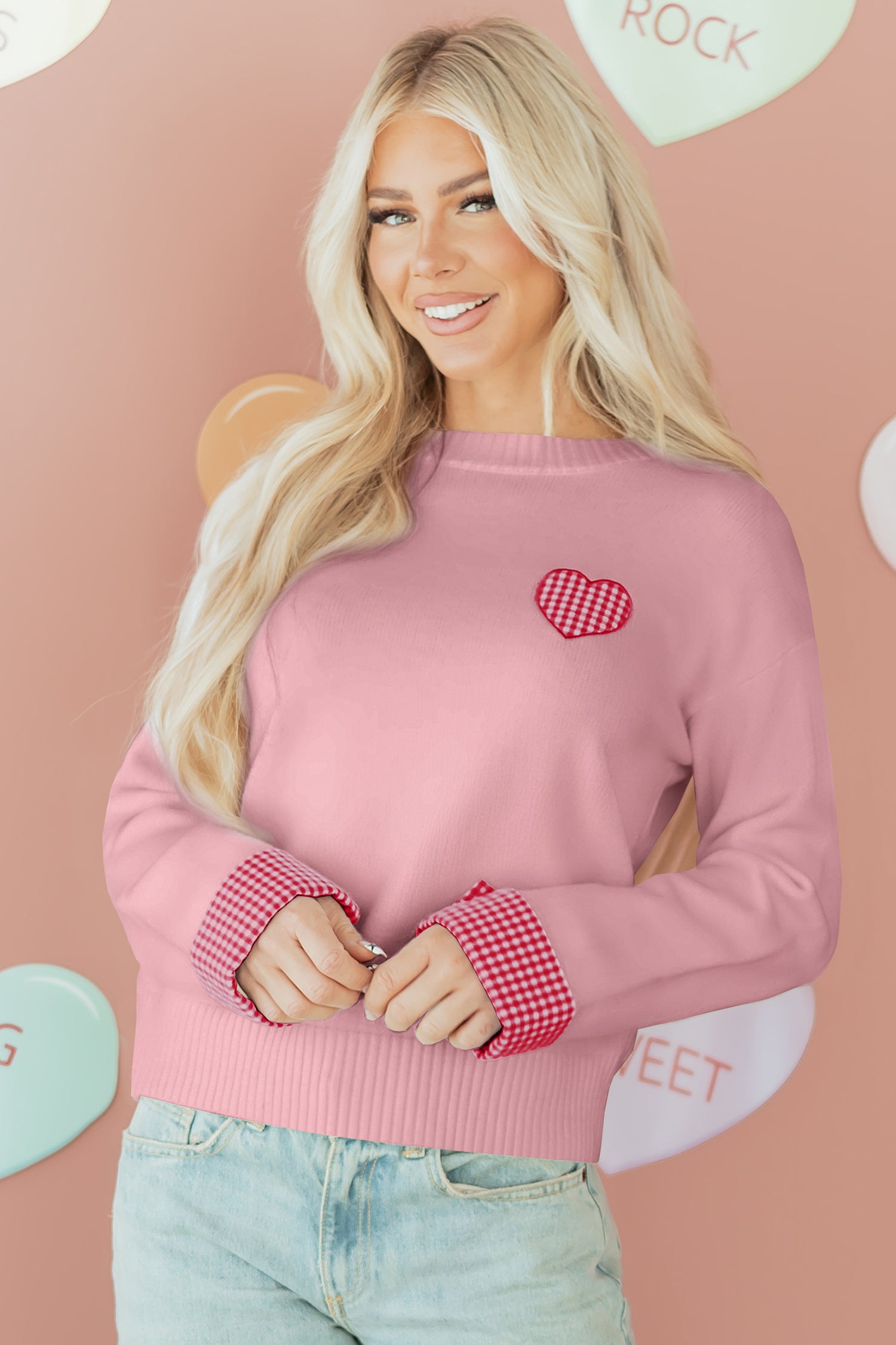Plaid Heart Embroidered Cuffed Drop Shoulder Crew Neck Sweater
