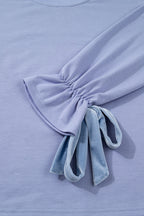 Beau Blue Flounce Long Sleeve Top Drawstring Pants Contrast Velvet Bow Knot 2pcs Lounge Set