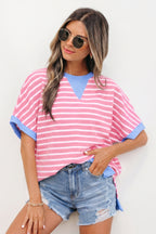 Striped Contrast Trim Loose Short Sleeve Top