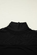 Sheer Mesh Patchwork High Neck Long Sleeve Top