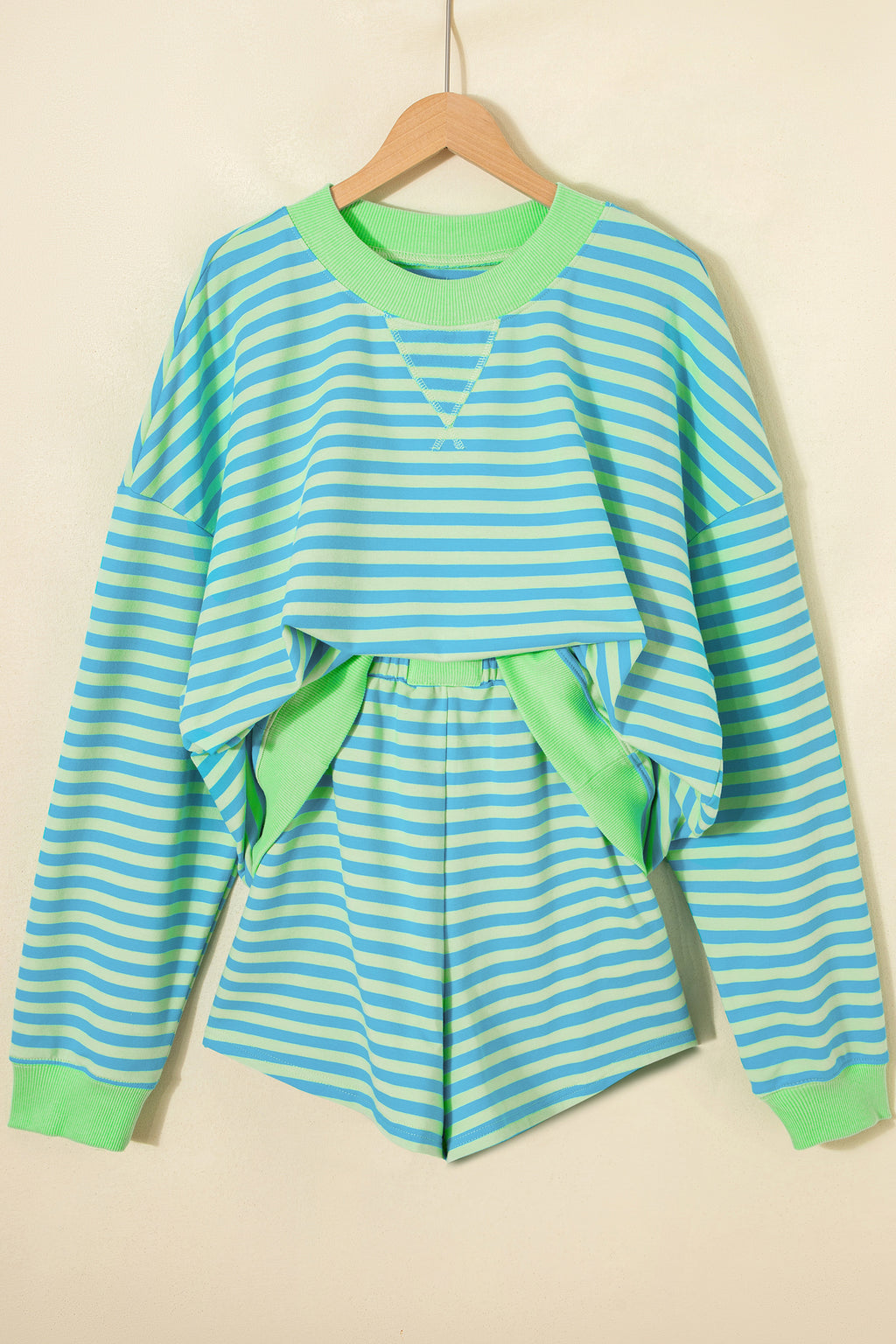 Striped Color Block Detail Long Sleeve Pullover Elastic Waist Pull On Shorts 2pcs Set