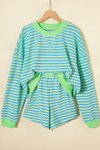 Striped Color Block Detail Long Sleeve Pullover Elastic Waist Pull On Shorts 2pcs Set
