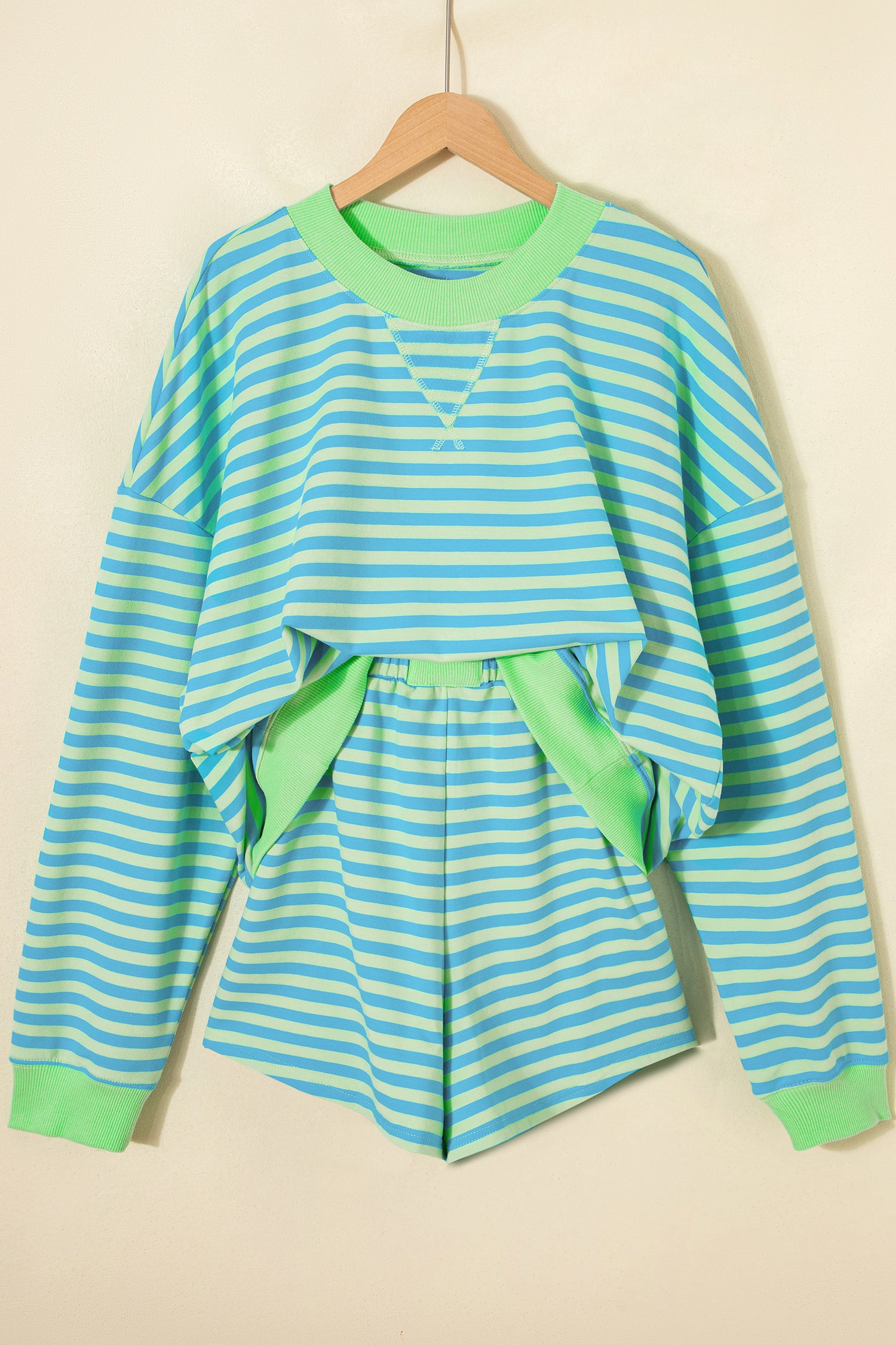 Striped Color Block Detail Long Sleeve Pullover Elastic Waist Pull On Shorts 2pcs Set