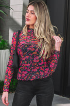 Slim Fit Floral Mesh Long Sleeve Mock Neck Top