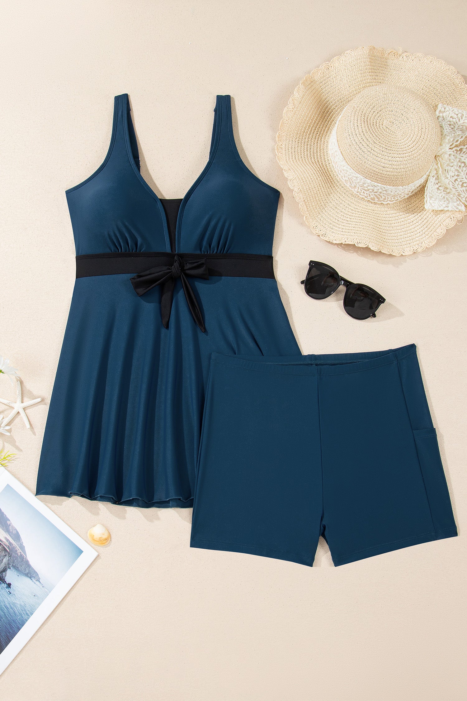 Blue Floral Print Patchwork Bow Knot Detail Sleeveless Swim Dress