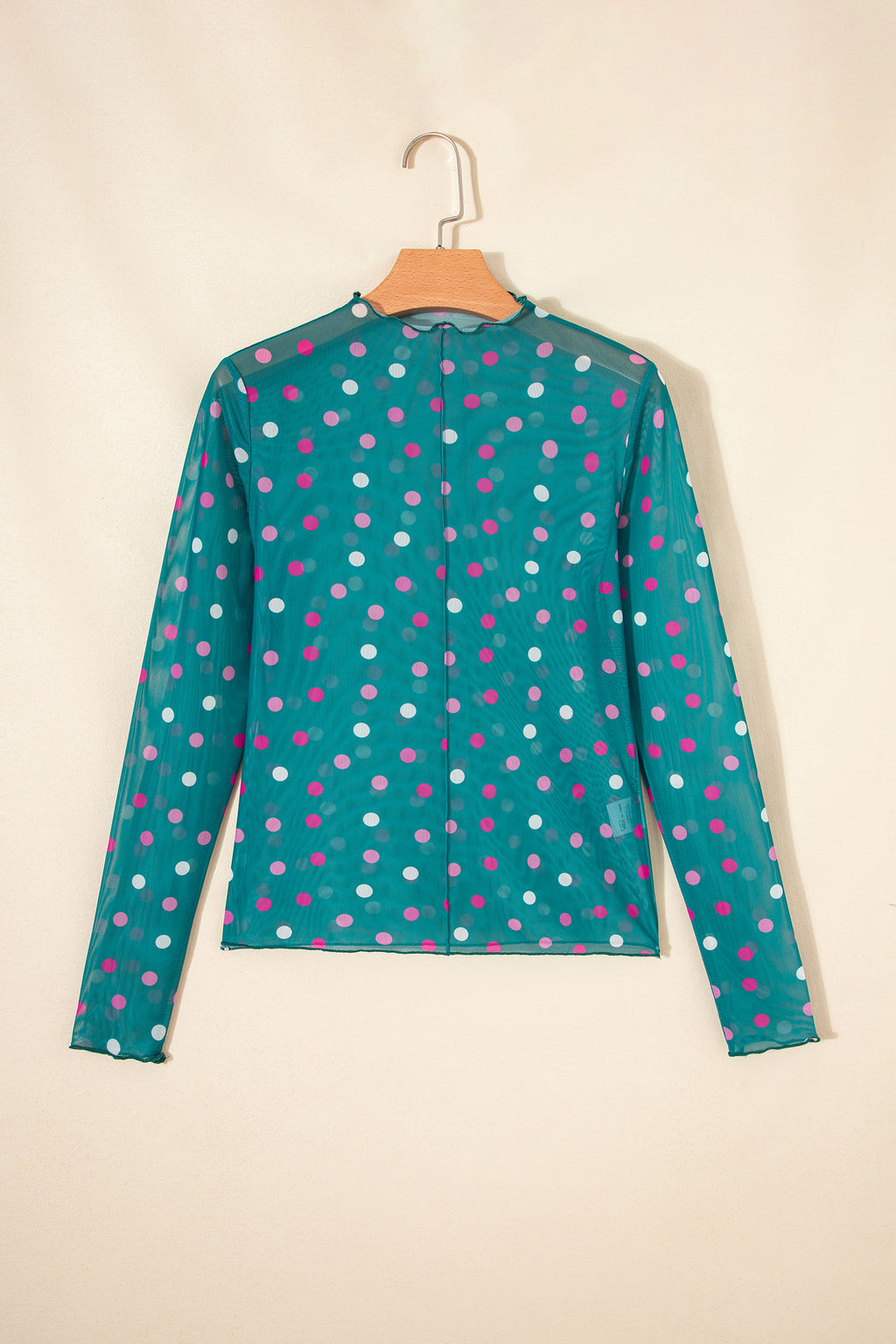 Polka Dot Patterned Bodycon Mock Neck Mesh Long Sleeve Top