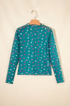 Polka Dot Patterned Bodycon Mock Neck Mesh Long Sleeve Top