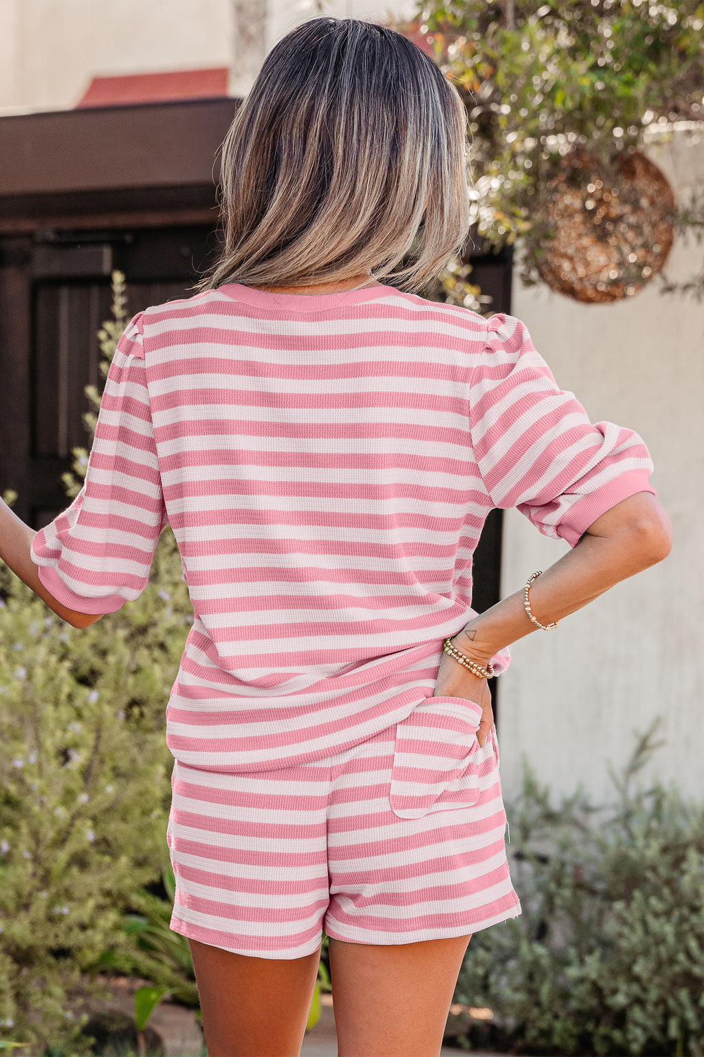 Striped Puff Short Sleeve T Shirt Matching Shorts Set