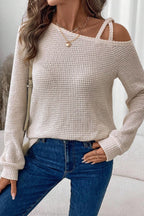 Jet Stream Solid Color Textured Knit Asymmetric Shoulder Long Sleeve Top