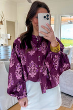 Purple Floral Print Button Front Long Sleeve Round Neck Casual Shift Top