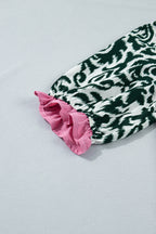 Damask Print Ruffled Colour Block Detail Half Sleeve Blouse