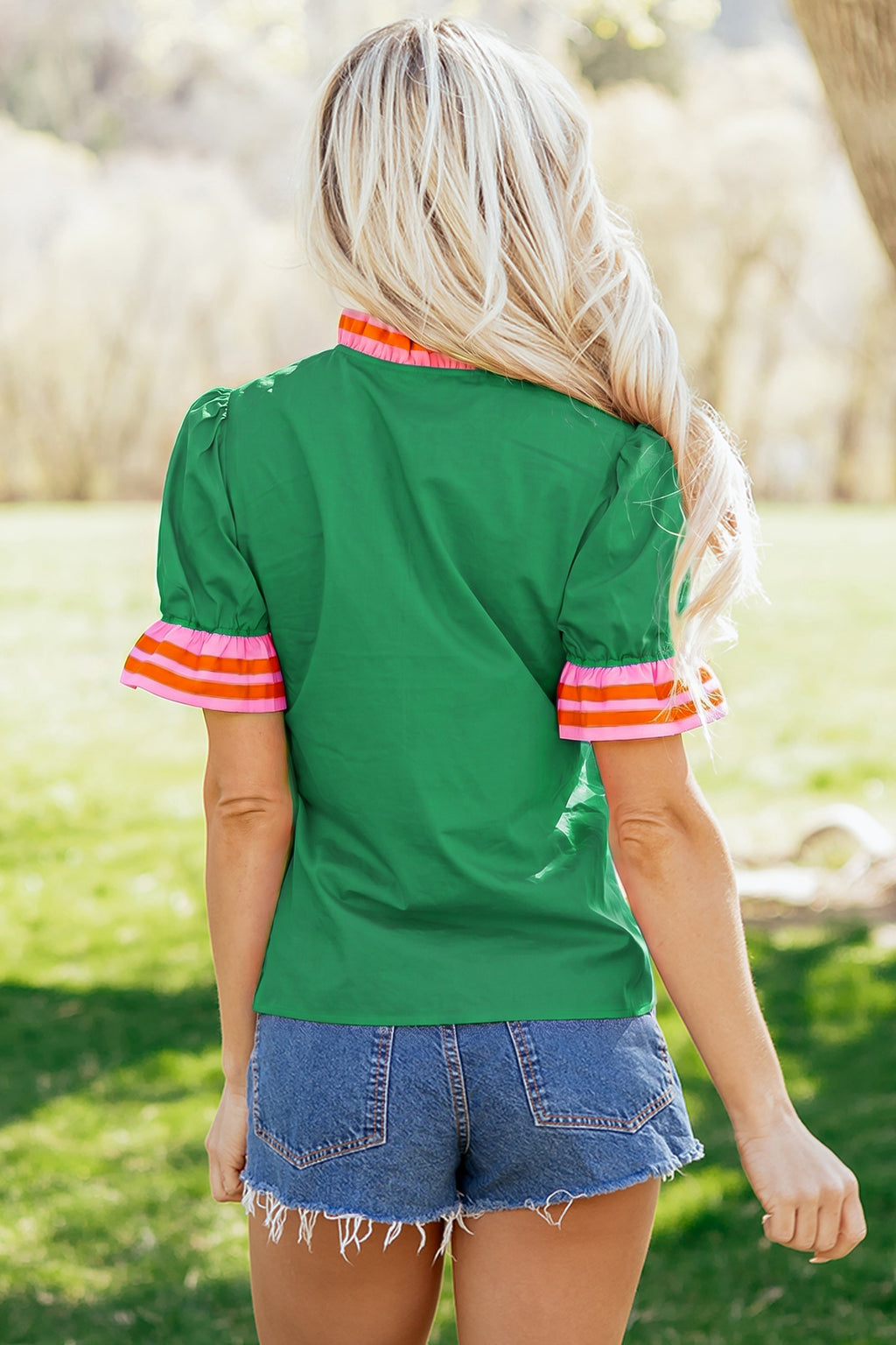 Striped Frilled Collar Ruffled Short Sleeve Blouse