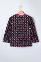 Black Contrast V Neckline Bracelet Sleeve Vintage Floral Blouse