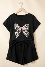 Contrast Leopard Bow Patched V Neck Loose Tee Drawstring Shorts 2pcs Outfit