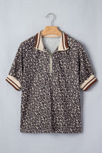 Khaki Leopard Print Half Zip Striped Trim Patchwork Short Sleeve Top