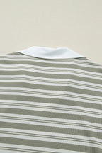 Green Stripe Collared V Neck Short Sleeve T Shirt Midi Dress with Pockets